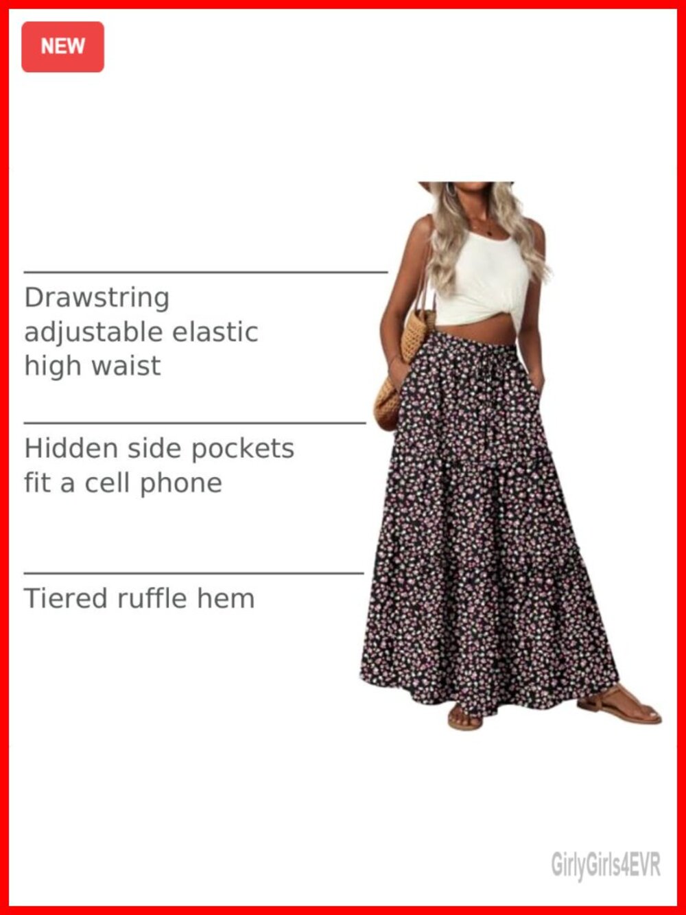 Women's Boho Maxi Skirt High Waist Tiered Ruffle Flowy Long Skirt with Pockets - Picture 3 of 6